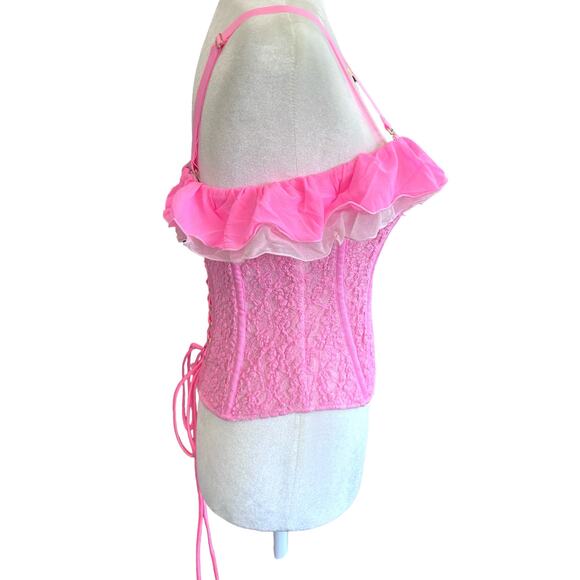 We Are HAH Corset Seams Like a Princess Medium Barbie Pink Lace Ruffle Lace Up - Picture 7 of 14